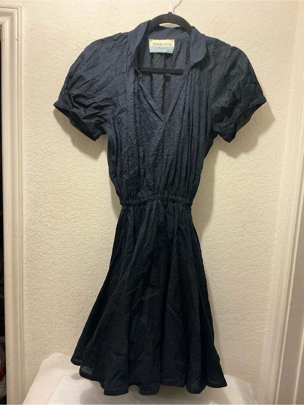 Tibi Cox Navy Short-Sleeve Midi Dress with Elastic Waist 3XS